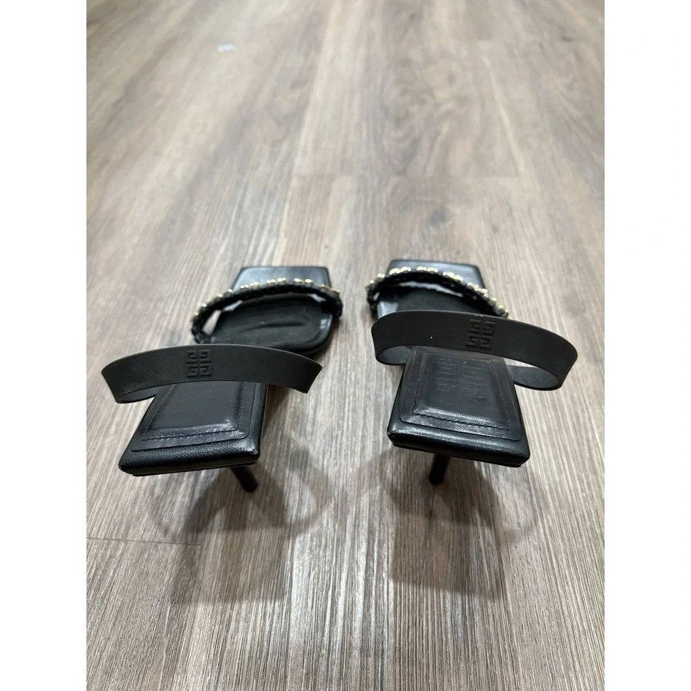 GIVENCHY	Black G Gold Logo Open Toe Woven Strap Leather Slingback Sandal Heel 39 - Picture 5 of 9